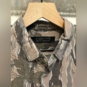 AllSaints Mens Small Hidden Leaf Camo Long Sleeve Button Up Snap Shirt Cotton